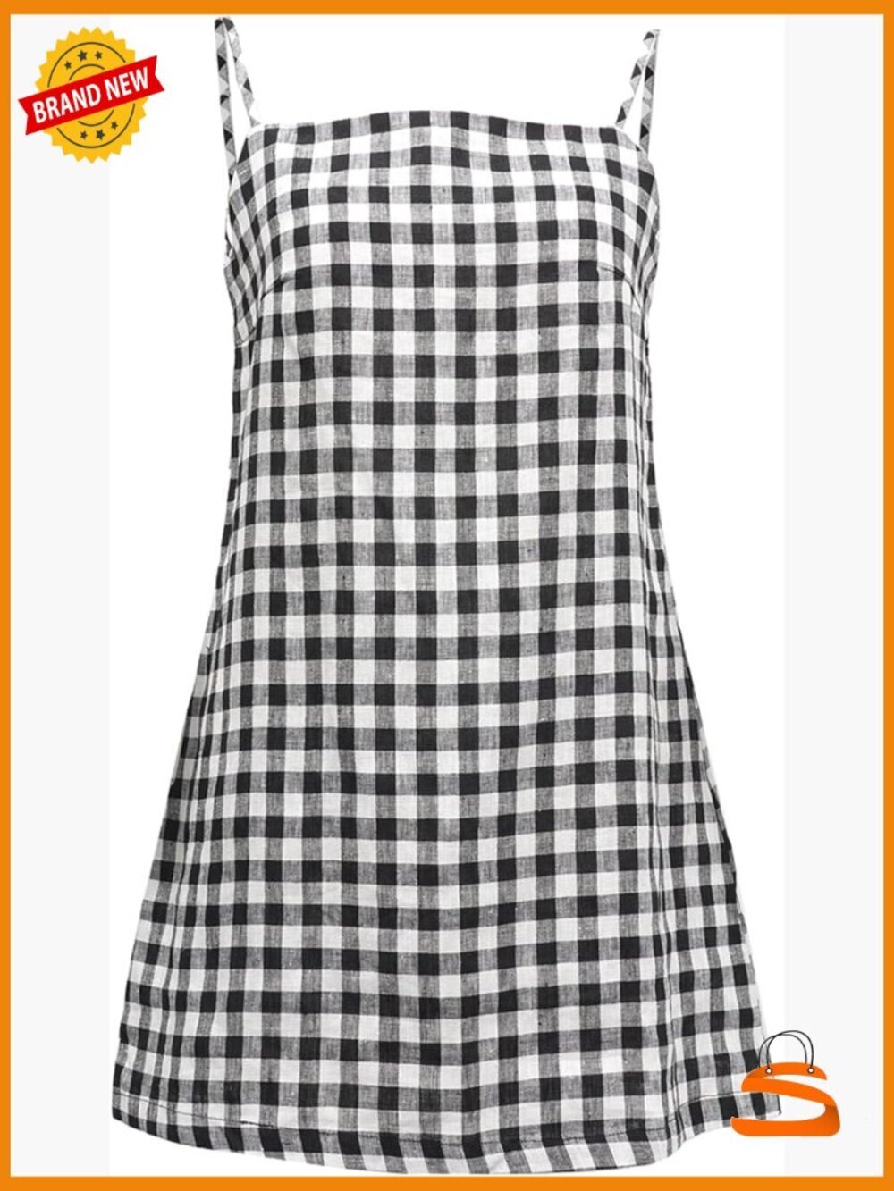 Pure Linen Summer Casual Plaid Cami Mini Dress Back Tie